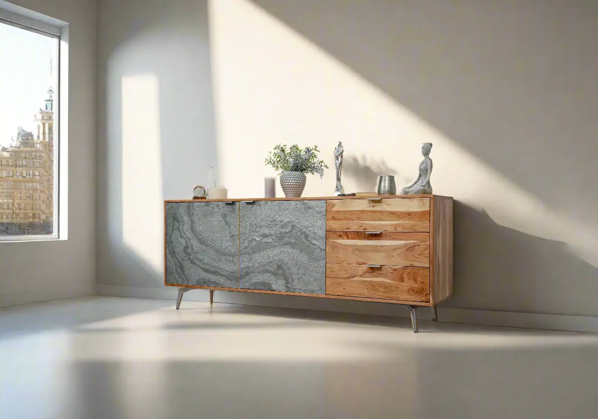 Comodă din lemn masiv placat cu piatra, Heritage, 175x40xh70 cm, dumonde