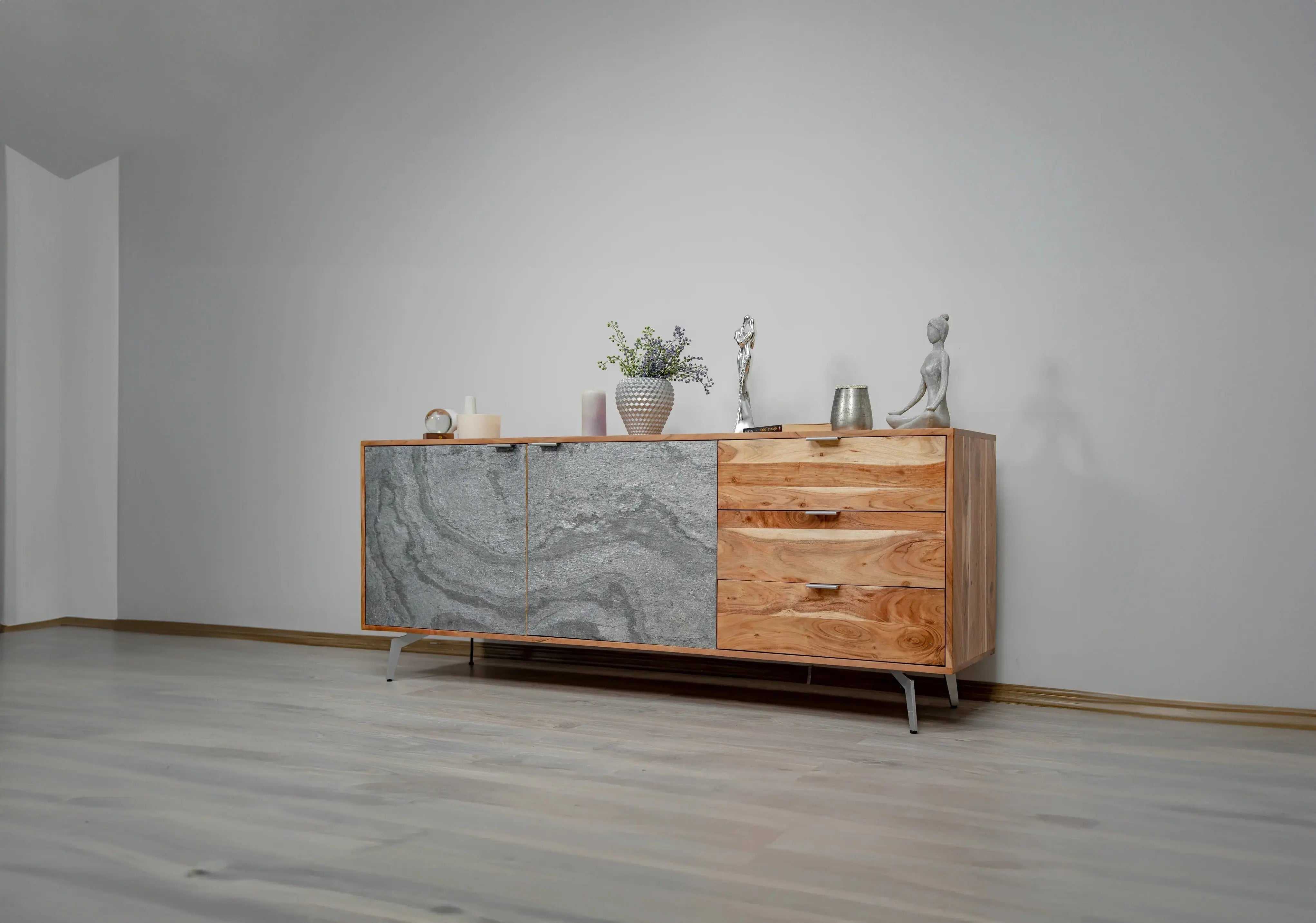 Comodă din lemn masiv placat cu piatra, Heritage, 175x40xh70 cm, dumonde