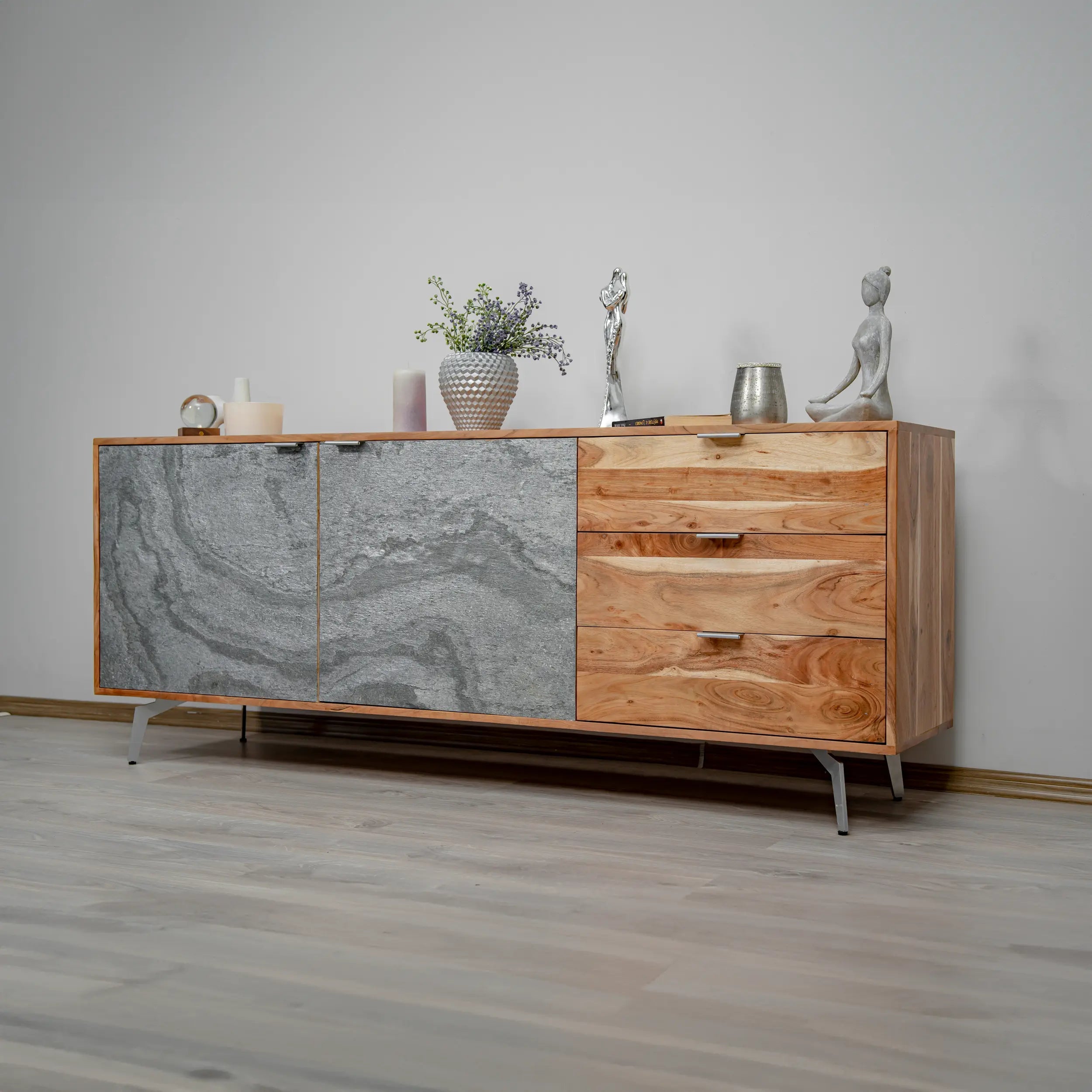 Comodă din lemn masiv placat cu piatra, Heritage, 175x40xh70 cm, dumonde