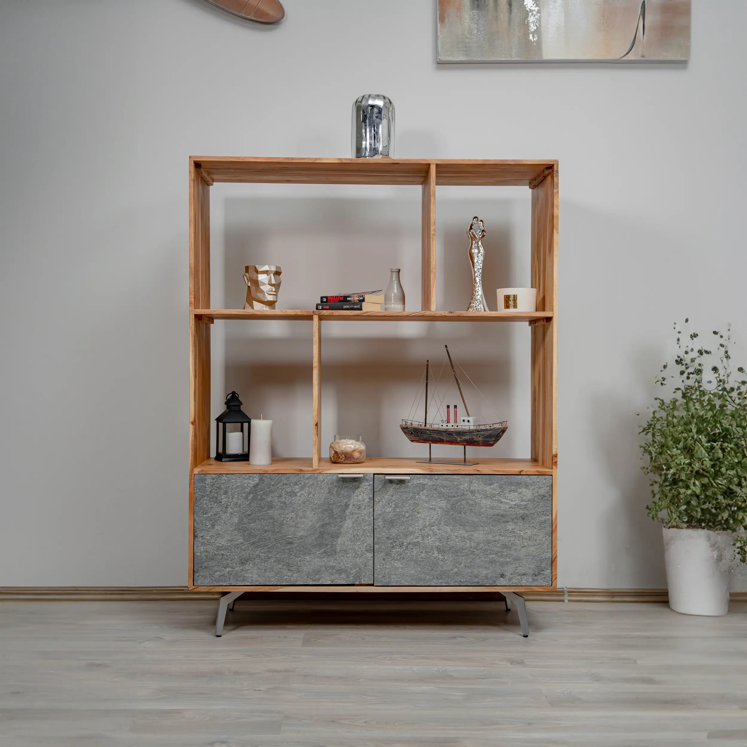 Vitrina din lemn masiv placat cu piatra, Heritage, 115x40xh150 cm, dumonde