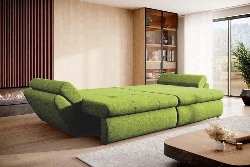 Canapea extensibilă cu ladă de depozitare si sezut confortabil din spuma HR, Loana Green Lux 300x100 cm