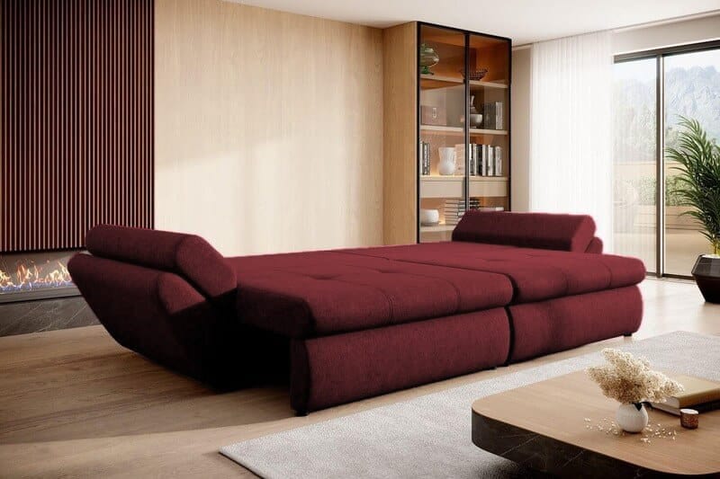 Canapea extensibilă cu ladă de depozitare si sezut confortabil din spuma HR, Loana Bordoux 300x100 cm