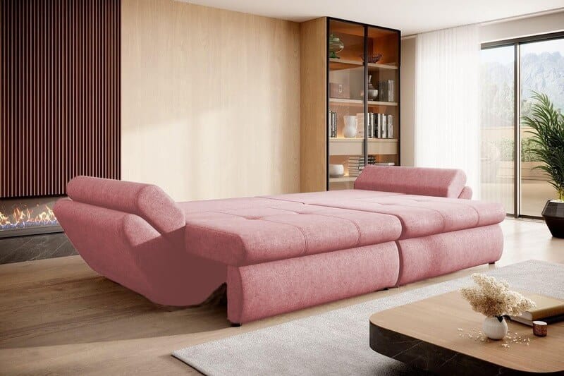 Canapea extensibilă cu ladă de depozitare si sezut confortabil din spuma HR, Loana Pink 300x100 cm