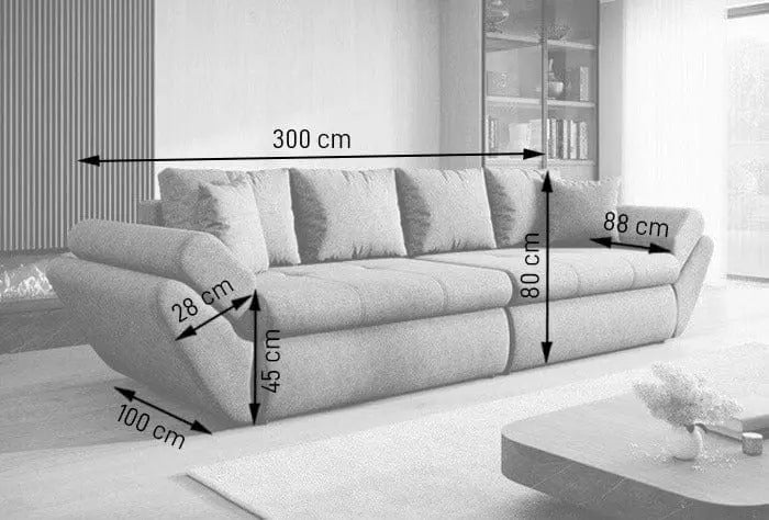 Canapea extensibilă cu ladă de depozitare si sezut confortabil din spuma HR, Loana Orange Jungle 300x100 cm