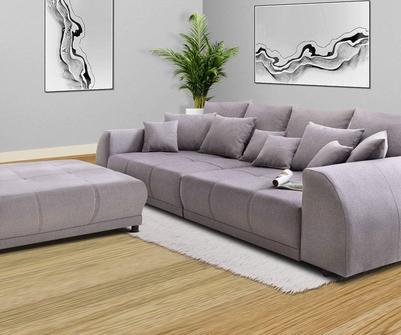 Canapea extensibilă cu 2 lăzi de depozitare si sezut confortabil din spuma HR, Big Sofa Verona Grey 310x100 cm cu taburet inclus