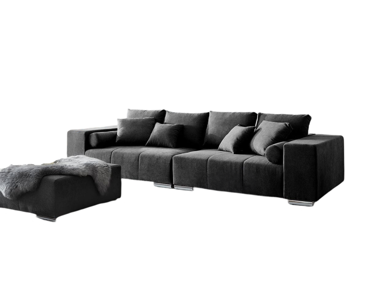 Canapea extensibilă dumonde cu ladă de depozitare si sezut confortabil din spuma HR, Marbela Dark XXL 295x100 cm cu taburet inclus