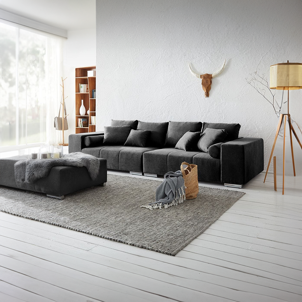 Canapea extensibilă dumonde cu ladă de depozitare si sezut confortabil din spuma HR, Marbela Dark XXL 295x100 cm cu taburet inclus