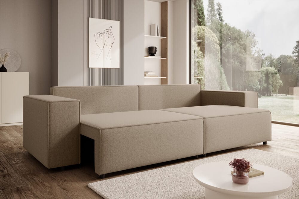 Canapea extensibilă dumonde cu ladă de depozitare si sezut confortabil din spuma HR, Dream Bej XXL 310x100 cm