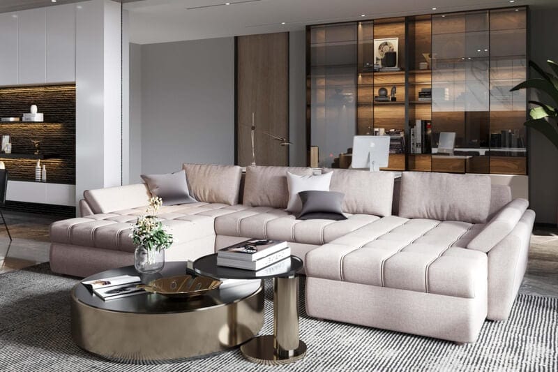 Colțar extensibil cu ladă de depozitare Loana Bej U 370x185 cm | Dumonde Furniture & Deco Concept.
