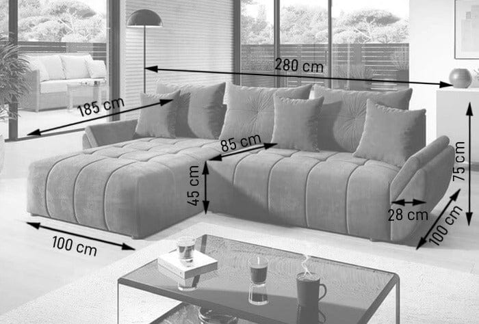 Colțar extensibil cu ladă de depozitare si sezut confortabil din spuma HR, Berlin Muștar II 280x185 cm