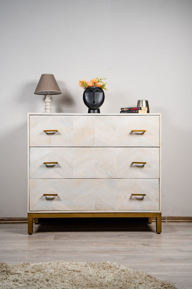 Comodă din lemn masiv cu sertare, Barcelona White 100 x 45 x 89 cm, dumonde