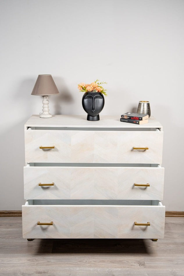 Comodă din lemn masiv cu sertare, Barcelona White 100 x 45 x 89 cm, dumonde