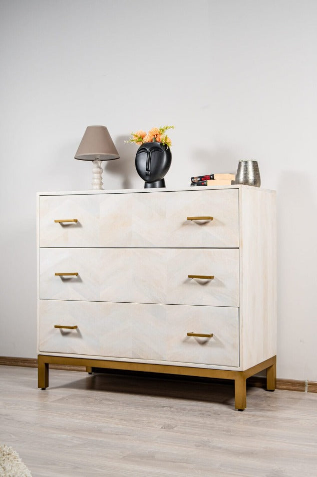 Comodă din lemn masiv cu sertare, Barcelona White 100 x 45 x 89 cm, dumonde
