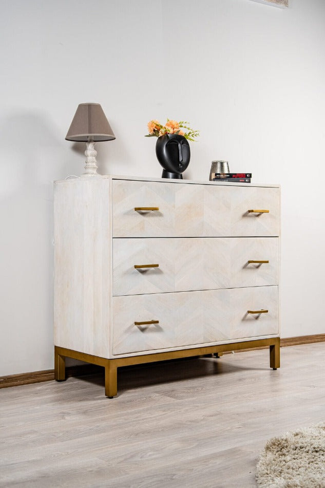 Comodă din lemn masiv cu sertare, Barcelona White 100 x 45 x 89 cm, dumonde