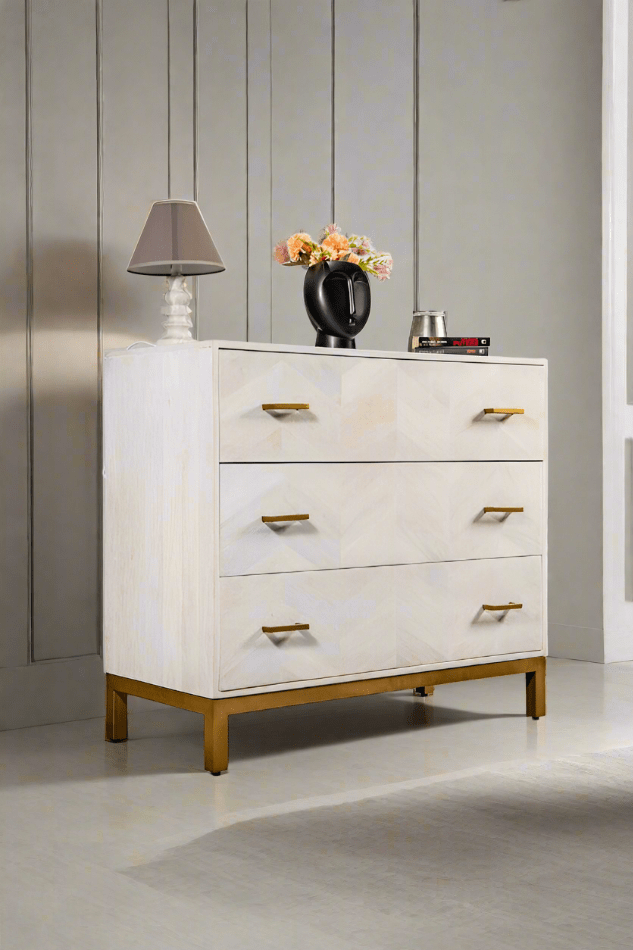 Comodă din lemn masiv cu sertare, Barcelona White 100 x 45 x 89 cm, dumonde
