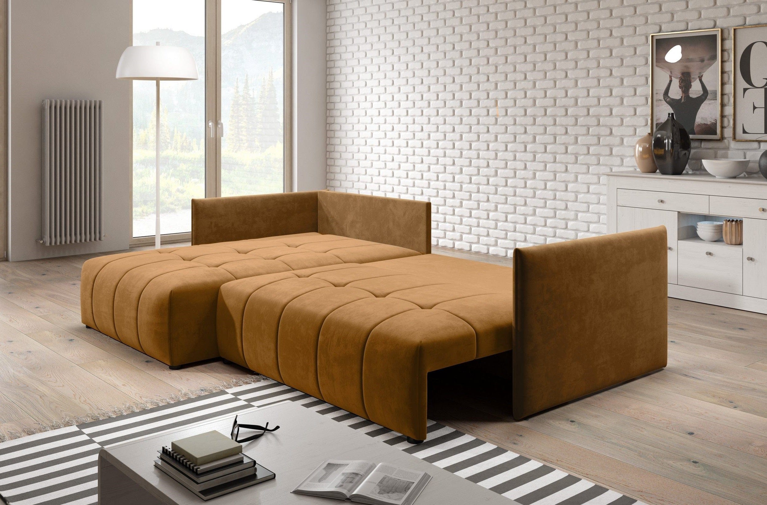 Colțar extensibil dumonde cu ladă de depozitare si sezut confortabil din spuma HR, Malta Muștar 235x185 cm