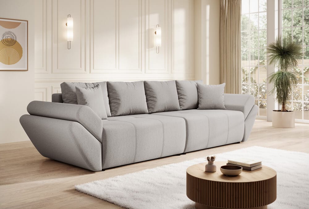 Canapea extensibilă cu ladă de depozitare si sezut confortabil din spuma HR, Berlin Grey 300x100 cm
