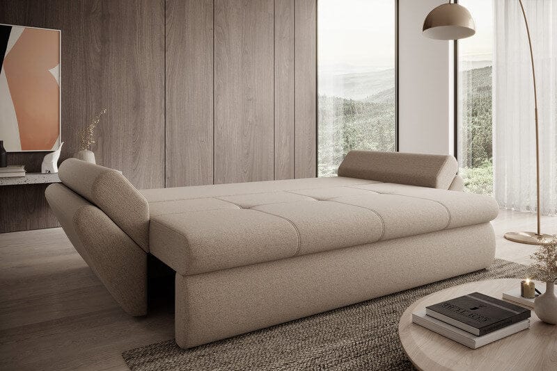 Canapea extensibilă cu ladă de depozitare si sezut confortabil din spuma HR, Loana Bej 250x100 cm