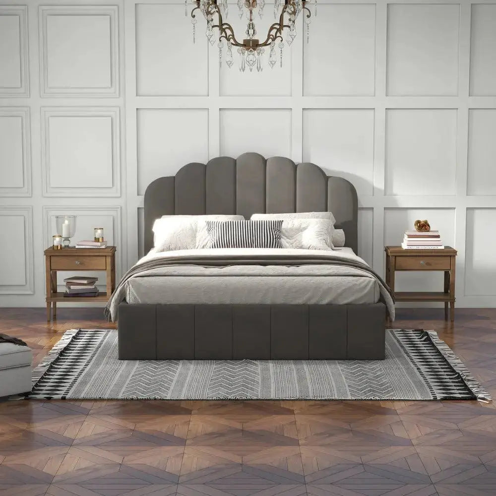 Pat dormitor dumonde, tapitat bej, Amira 160x200 cm, somiera rabatabila inclusa, spatiu depozitare