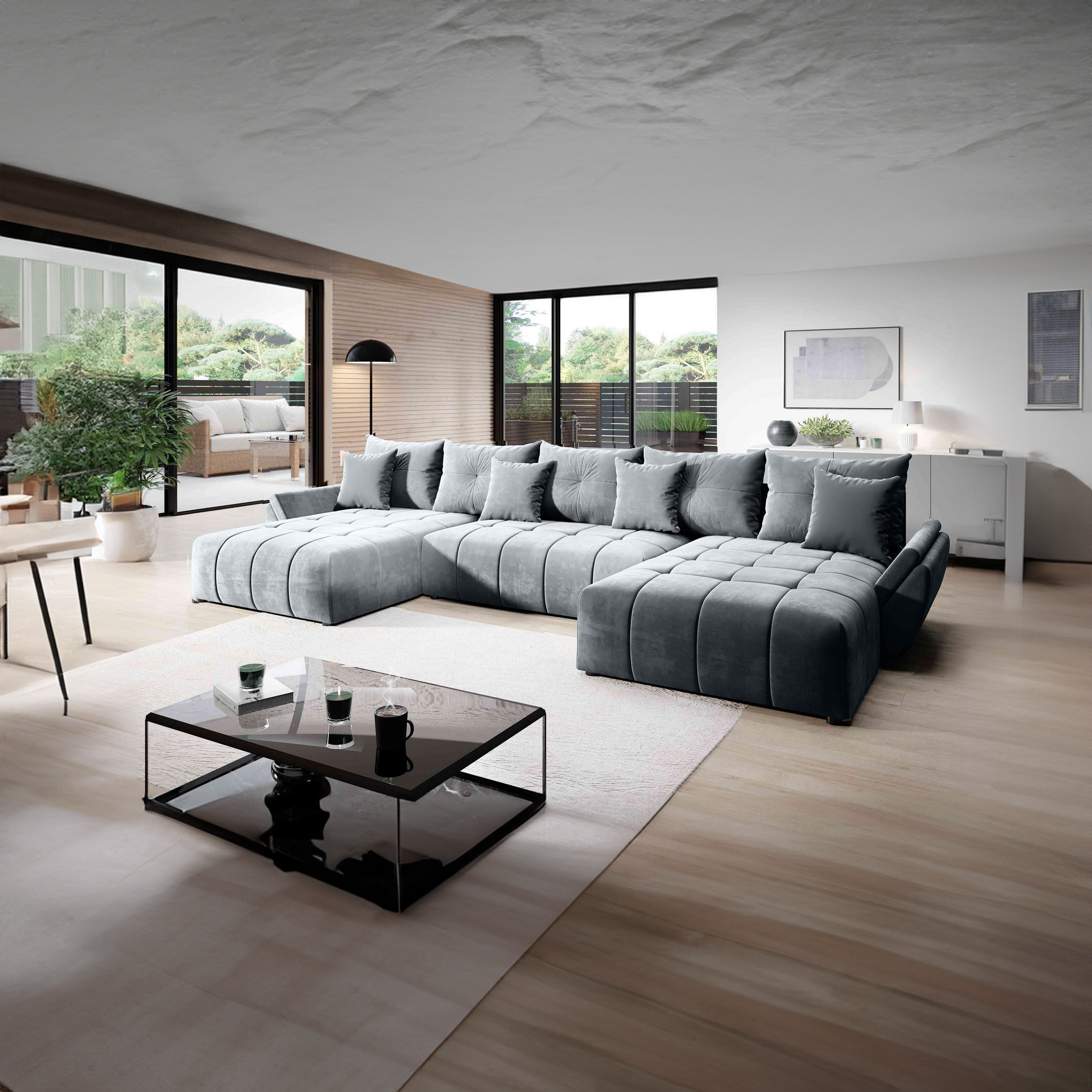 Colțar extensibil dumonde cu ladă de depozitare si sezut confortabil din spuma HR, Berlin U Grey Blue 380x180 cm