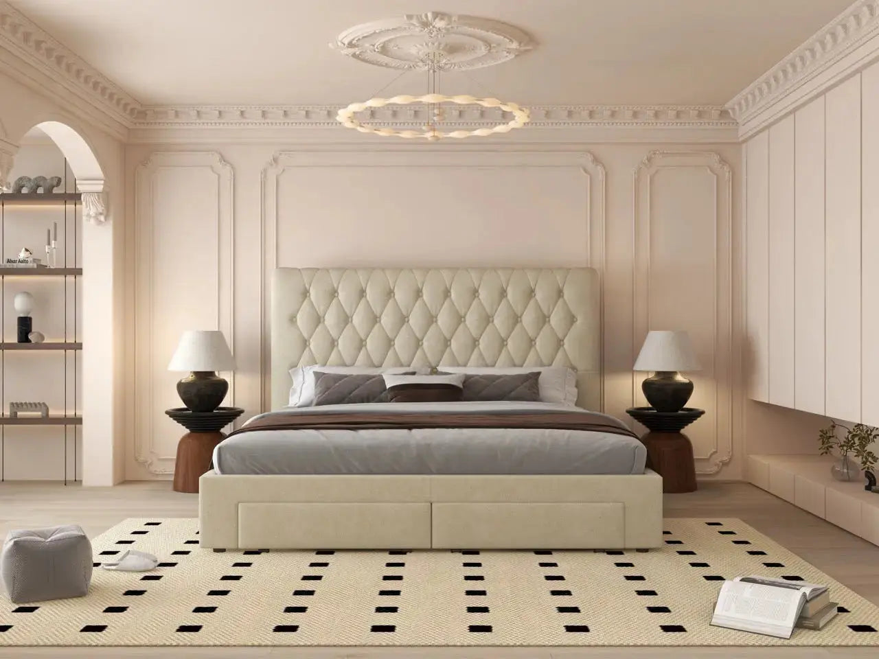 Pat dormitor dumonde, tapitat bej, Hypnos 180x200 cm, somiera inclusa, spatiu depozitare