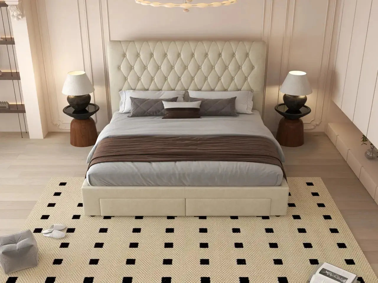 Pat dormitor dumonde, tapitat bej, Hypnos 180x200 cm, somiera inclusa, spatiu depozitare