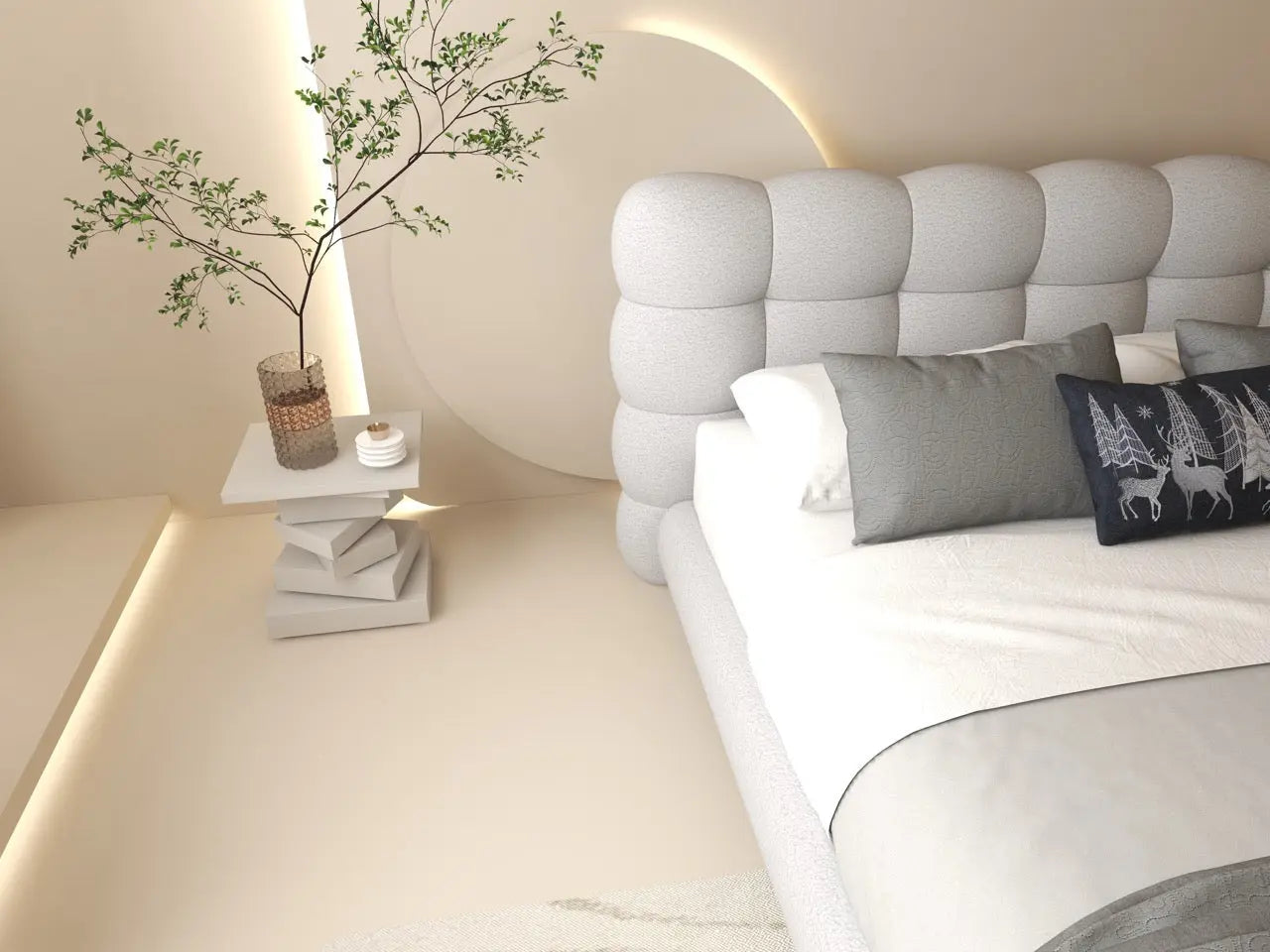 Pat dormitor dumonde, tapitat alb cu LED, "floating bed" Cloud 140x200 cm, somiera inclusa