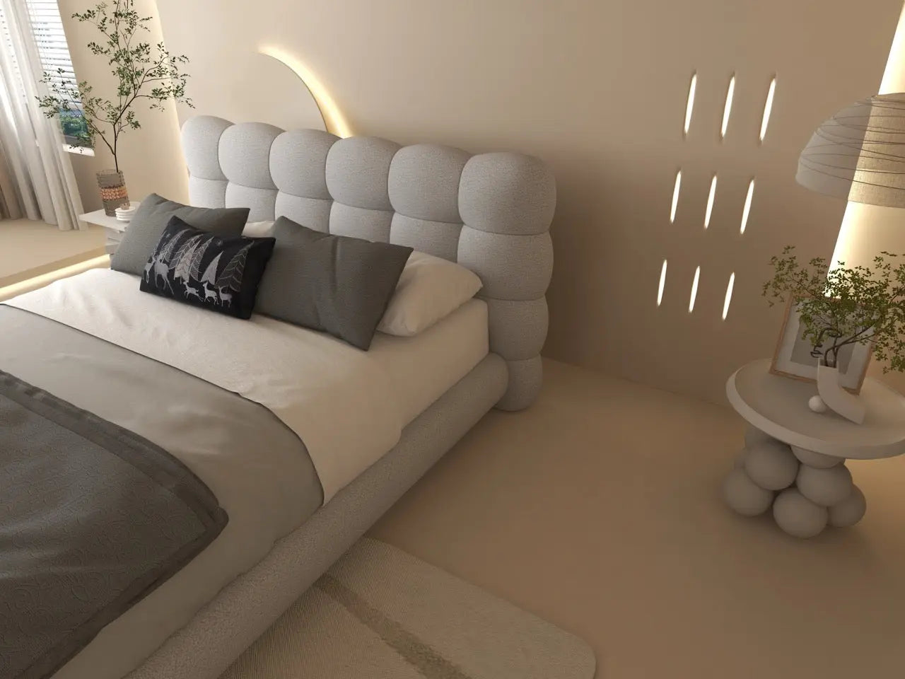Pat dormitor dumonde, tapitat alb cu LED, "floating bed" Cloud 140x200 cm, somiera inclusa