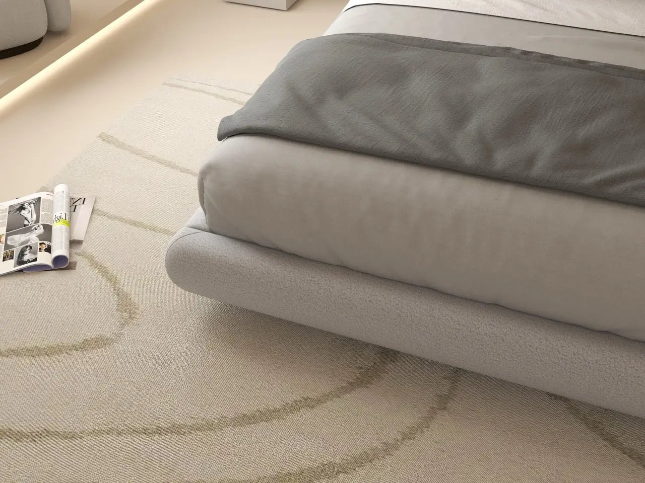 Pat dormitor dumonde, tapitat alb cu LED, "floating bed" Cloud 140x200 cm, somiera inclusa