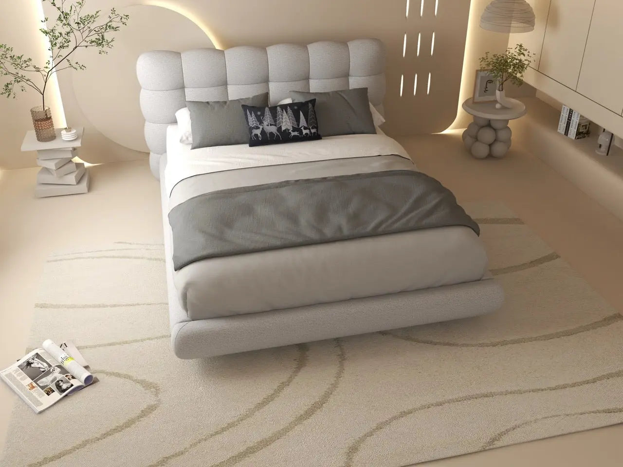 Pat dormitor dumonde, tapitat alb cu LED, "floating bed" Cloud 140x200 cm, somiera inclusa