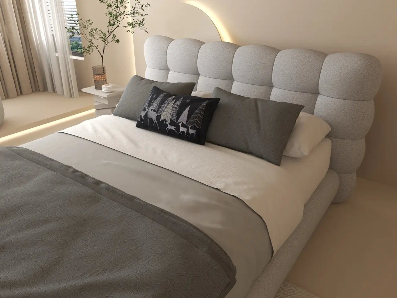 Pat dormitor dumonde, tapitat alb cu LED, "floating bed" Cloud 140x200 cm, somiera inclusa