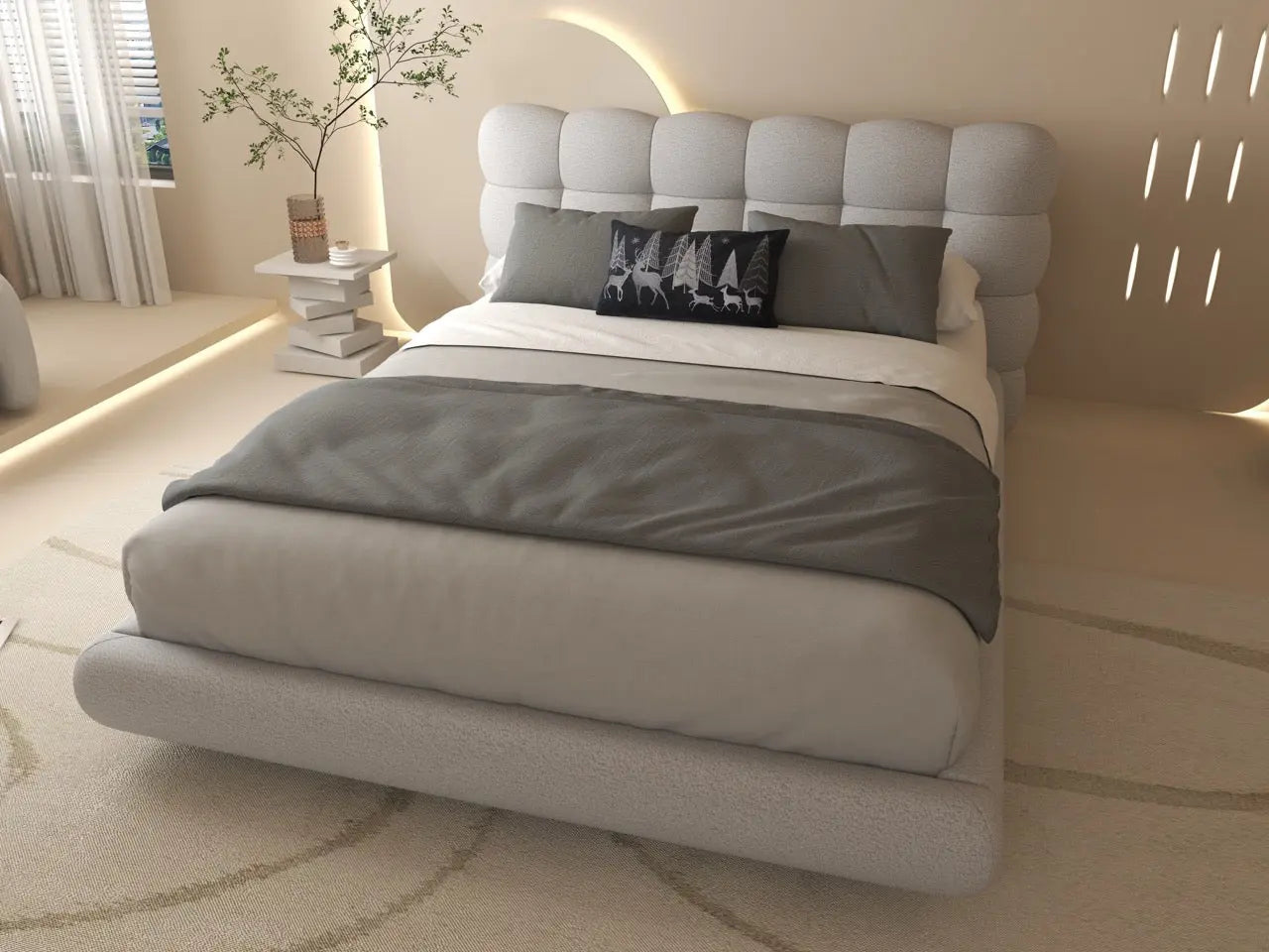Pat dormitor dumonde, tapitat alb cu LED, "floating bed" Cloud 140x200 cm, somiera inclusa