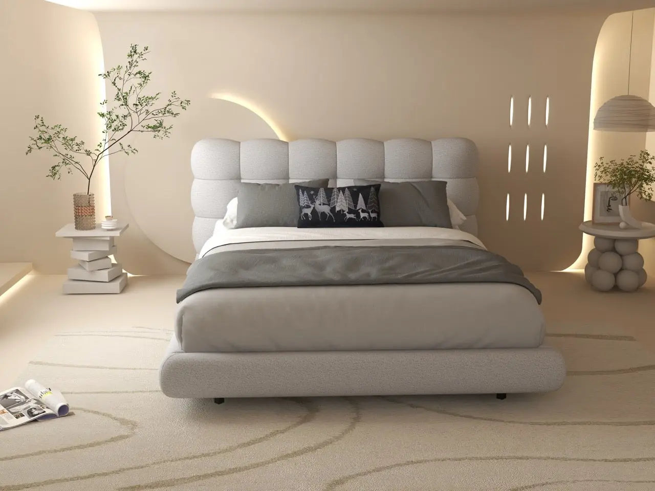 Pat dormitor dumonde, tapitat alb cu LED "floating bed" Cloud 180x200 cm, somiera inclusa