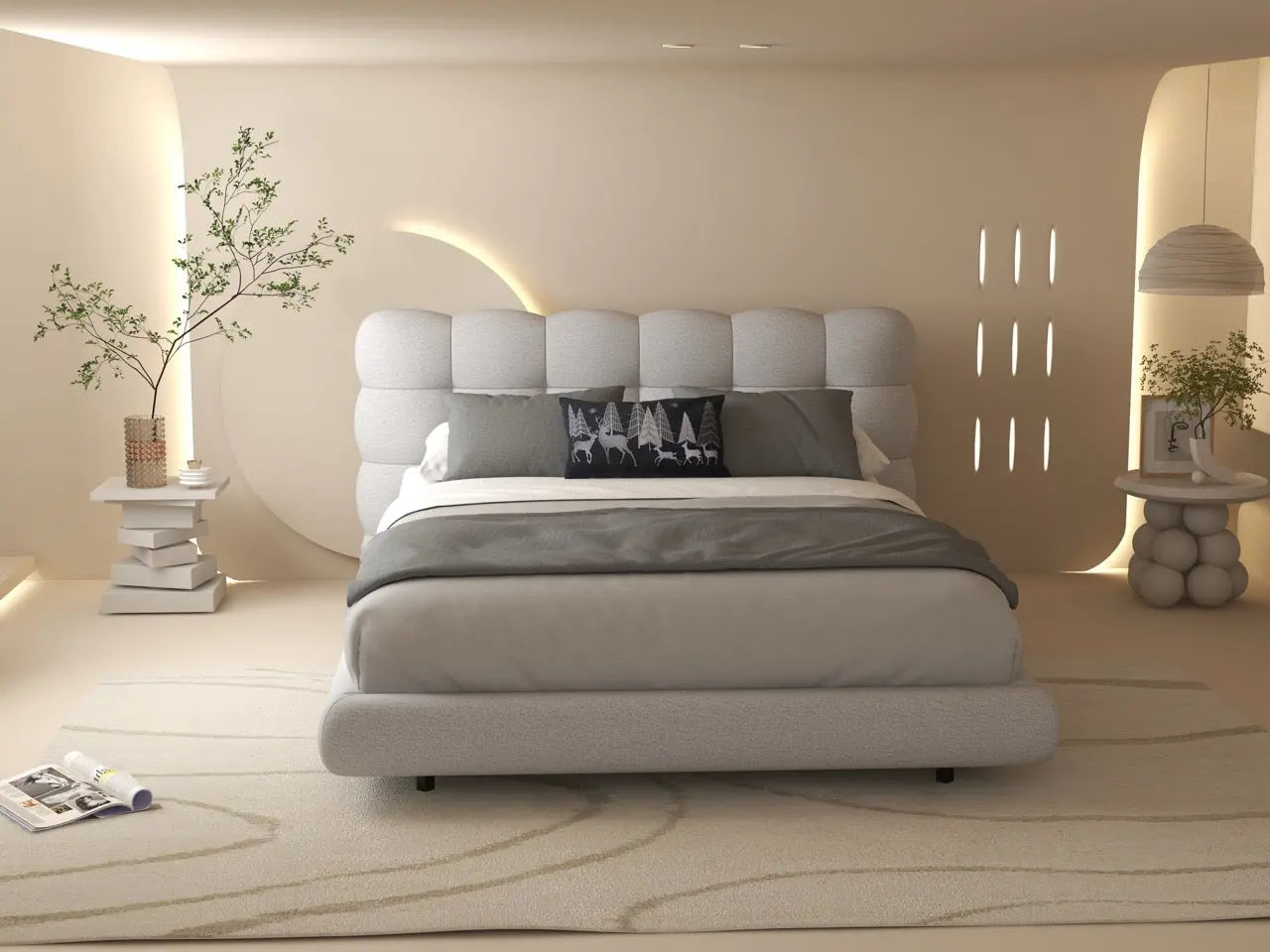 Pat dormitor dumonde, tapitat alb cu LED, "floating bed" Cloud 140x200 cm, somiera inclusa
