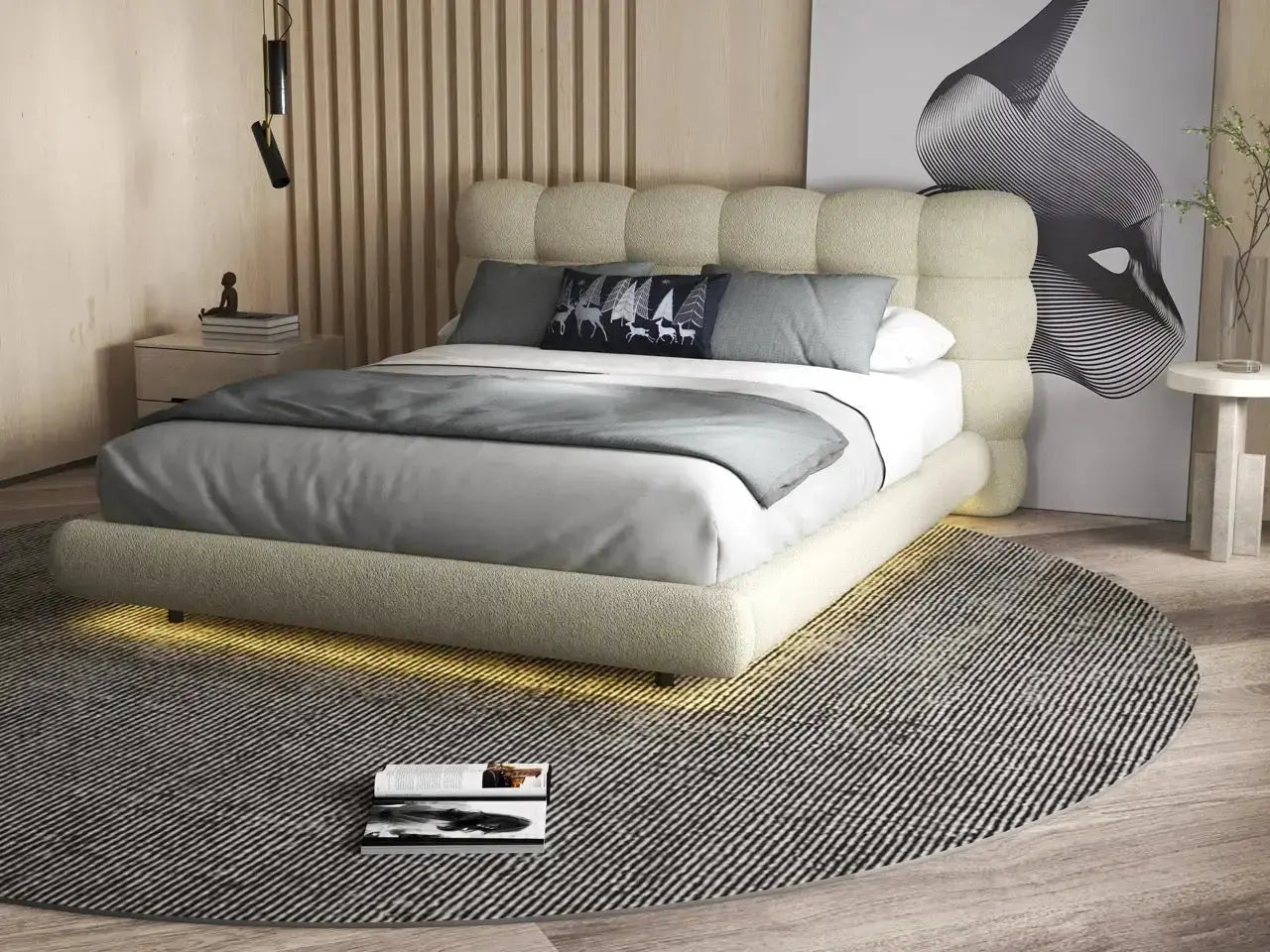 Pat dormitor dumonde, tapitat bej cu LED, "floating bed" Cloud 140x200 cm, somiera inclusa