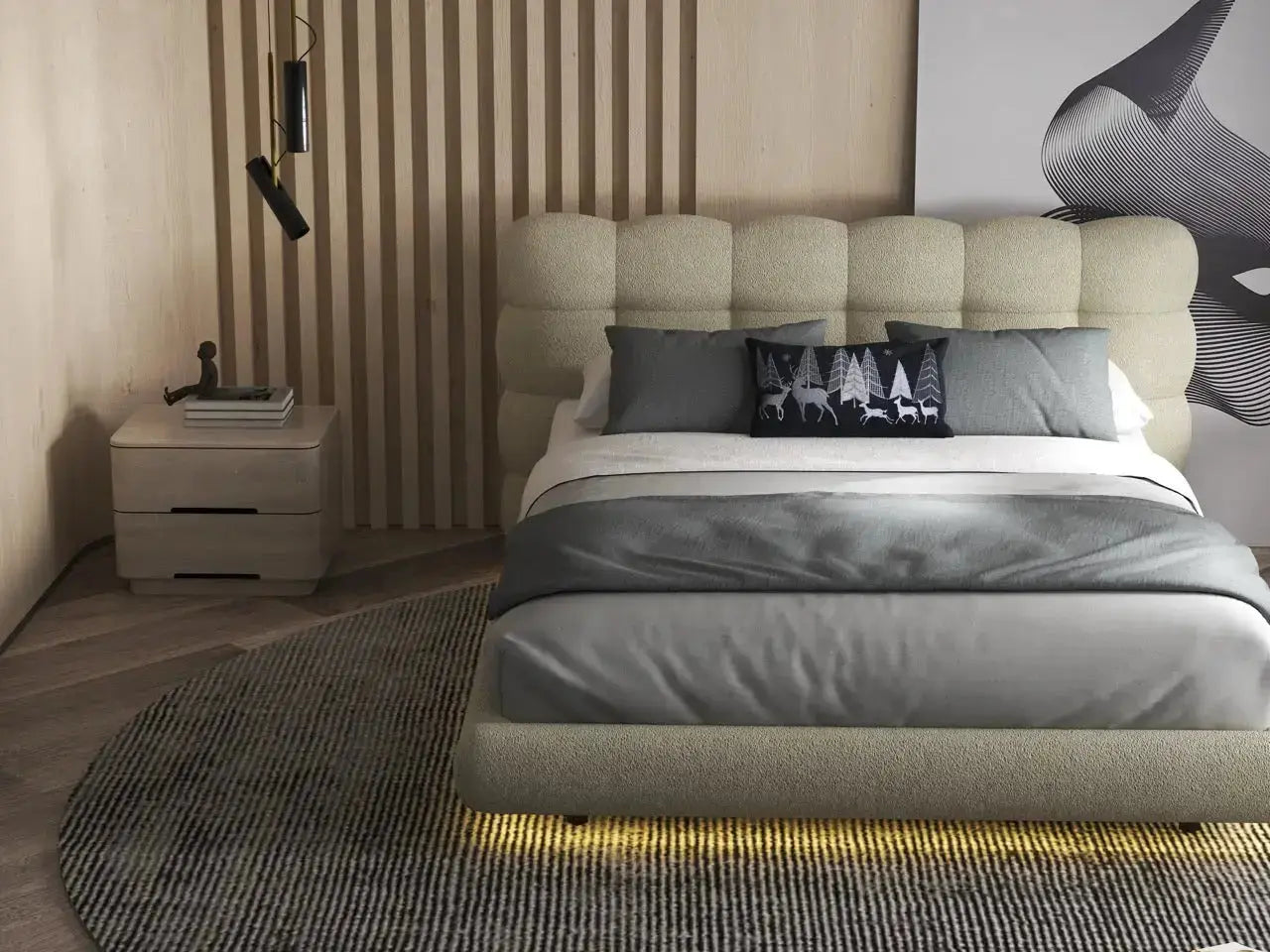 Pat dormitor dumonde, tapitat bej cu LED, "floating bed" Cloud 140x200 cm, somiera inclusa