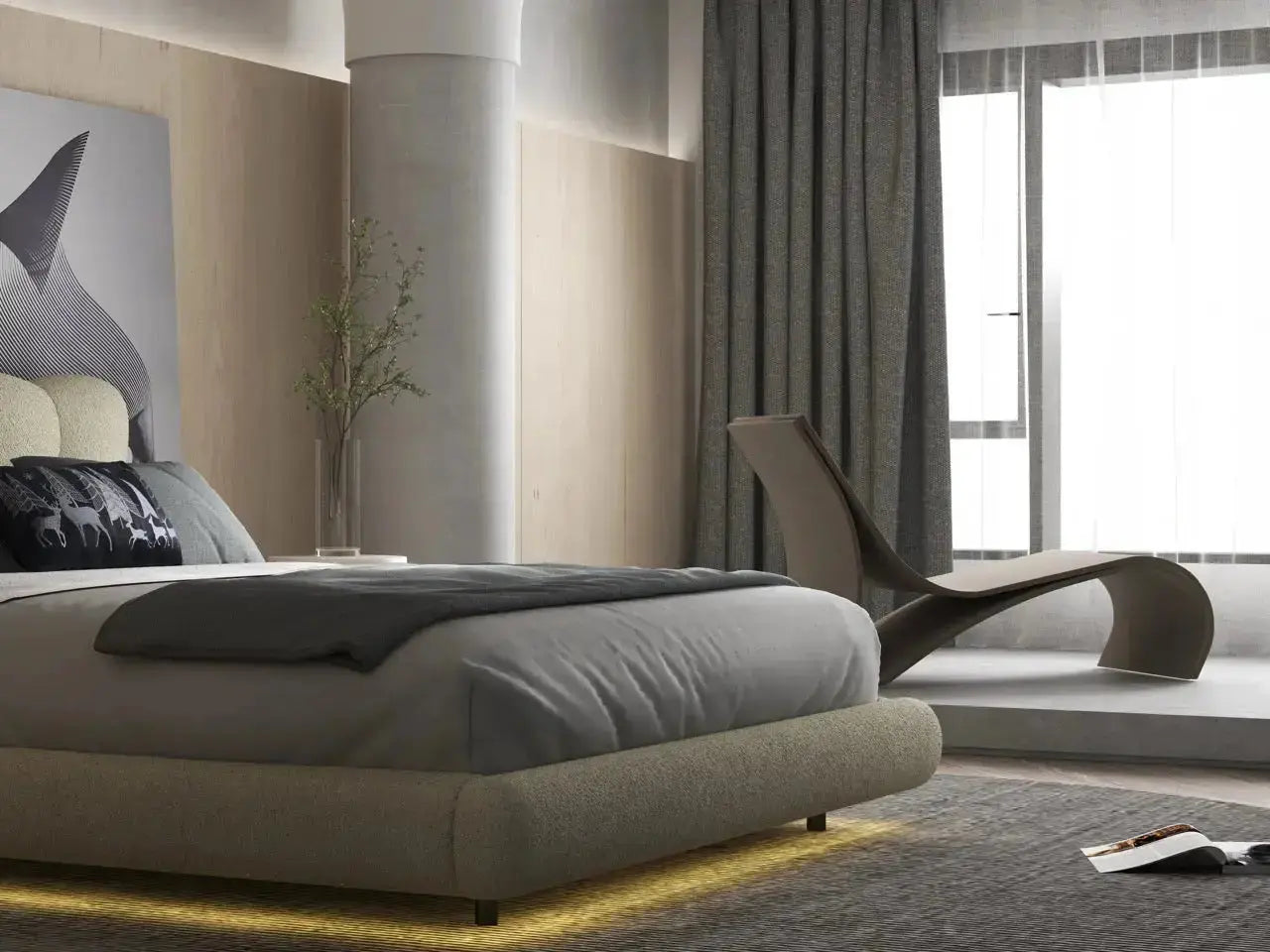 Pat dormitor dumonde, tapitat bej cu LED, "floating bed" Cloud 140x200 cm, somiera inclusa