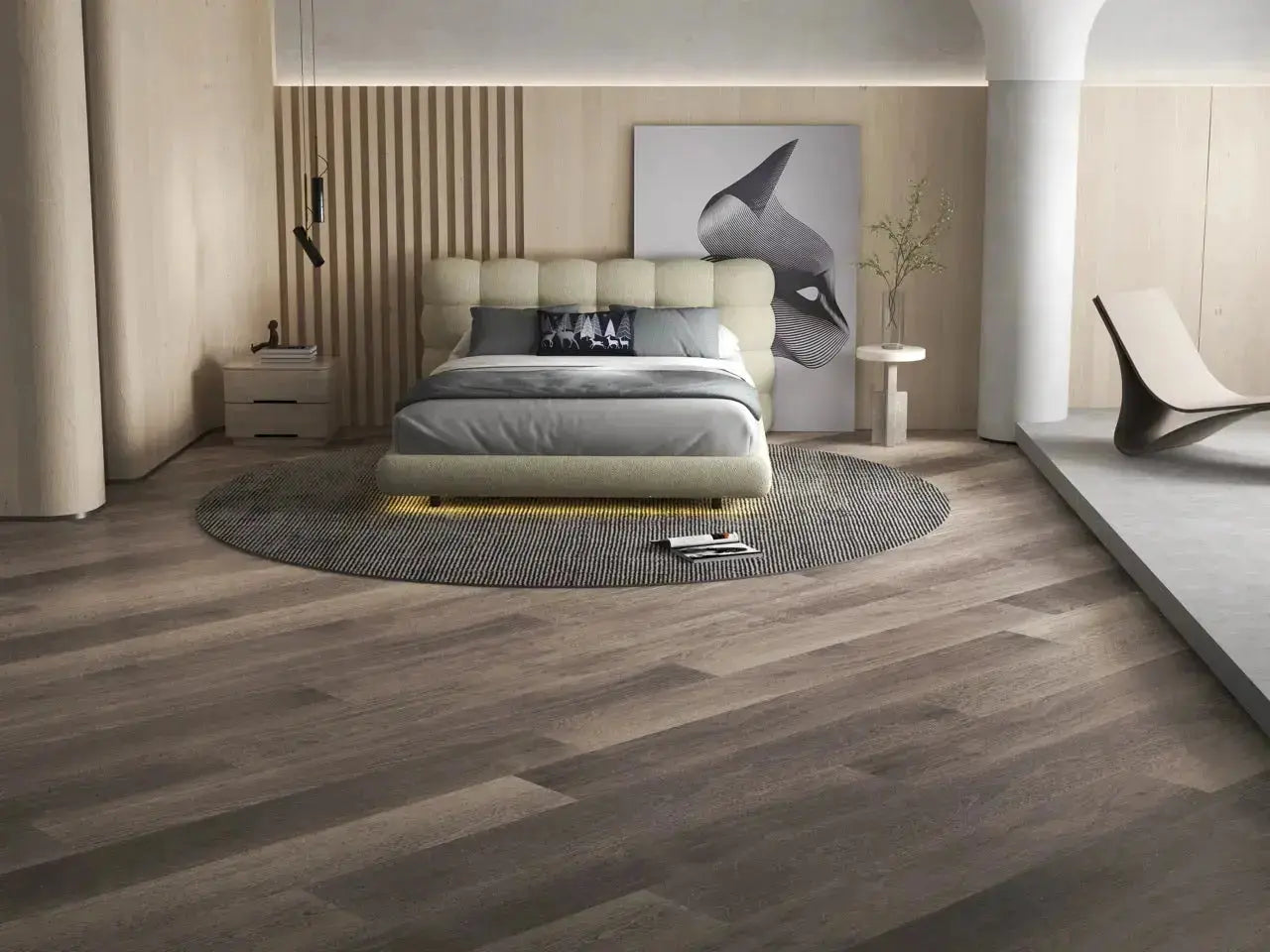 Pat dormitor dumonde, tapitat bej cu LED, "floating bed" Cloud 140x200 cm, somiera inclusa