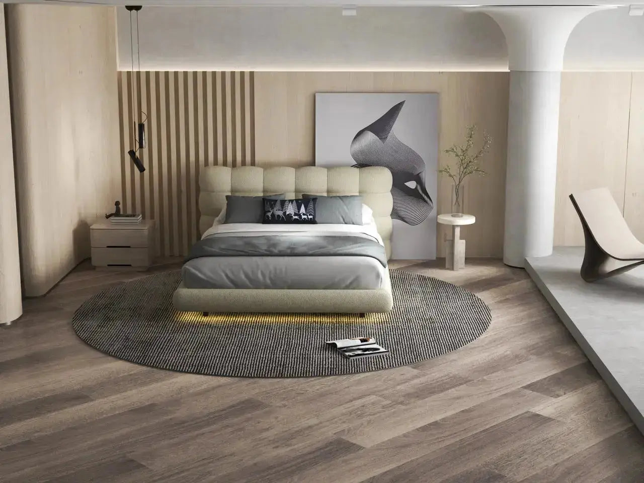 Pat dormitor dumonde, tapitat bej cu LED, "floating bed" Cloud 140x200 cm, somiera inclusa