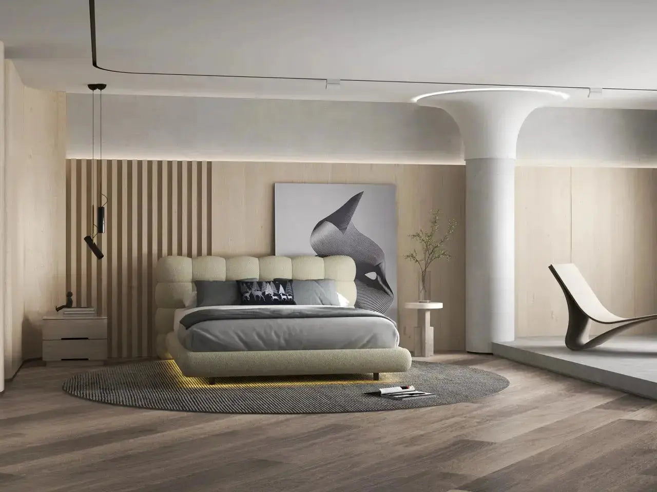 Pat dormitor dumonde, tapitat bej cu LED, "floating bed" Cloud 140x200 cm, somiera inclusa