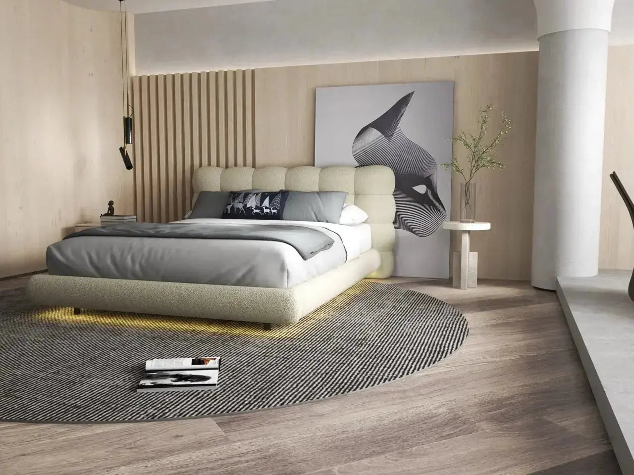 Pat dormitor dumonde, tapitat bej cu LED, "floating bed" Cloud 140x200 cm, somiera inclusa
