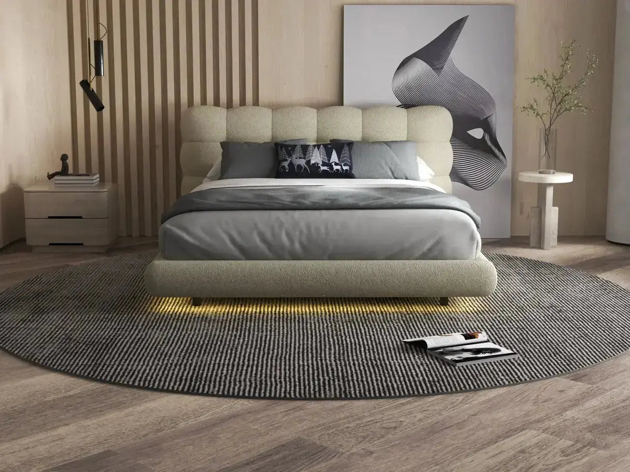 Pat dormitor dumonde, tapitat bej cu LED, "floating bed" Cloud 140x200 cm, somiera inclusa