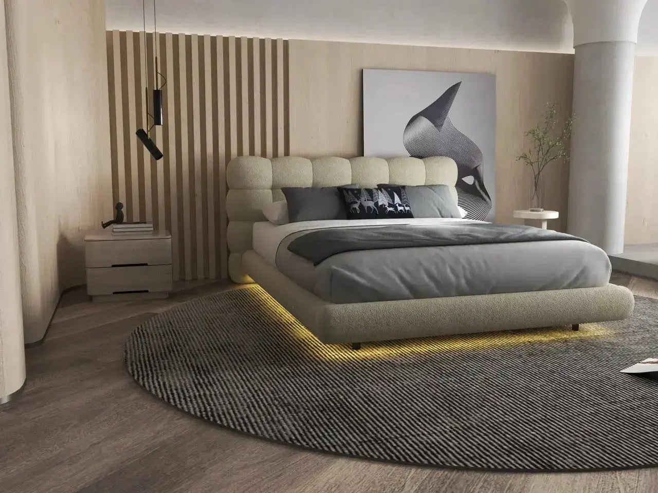 Pat dormitor dumonde, tapitat bej cu LED, "floating bed" Cloud 140x200 cm, somiera inclusa