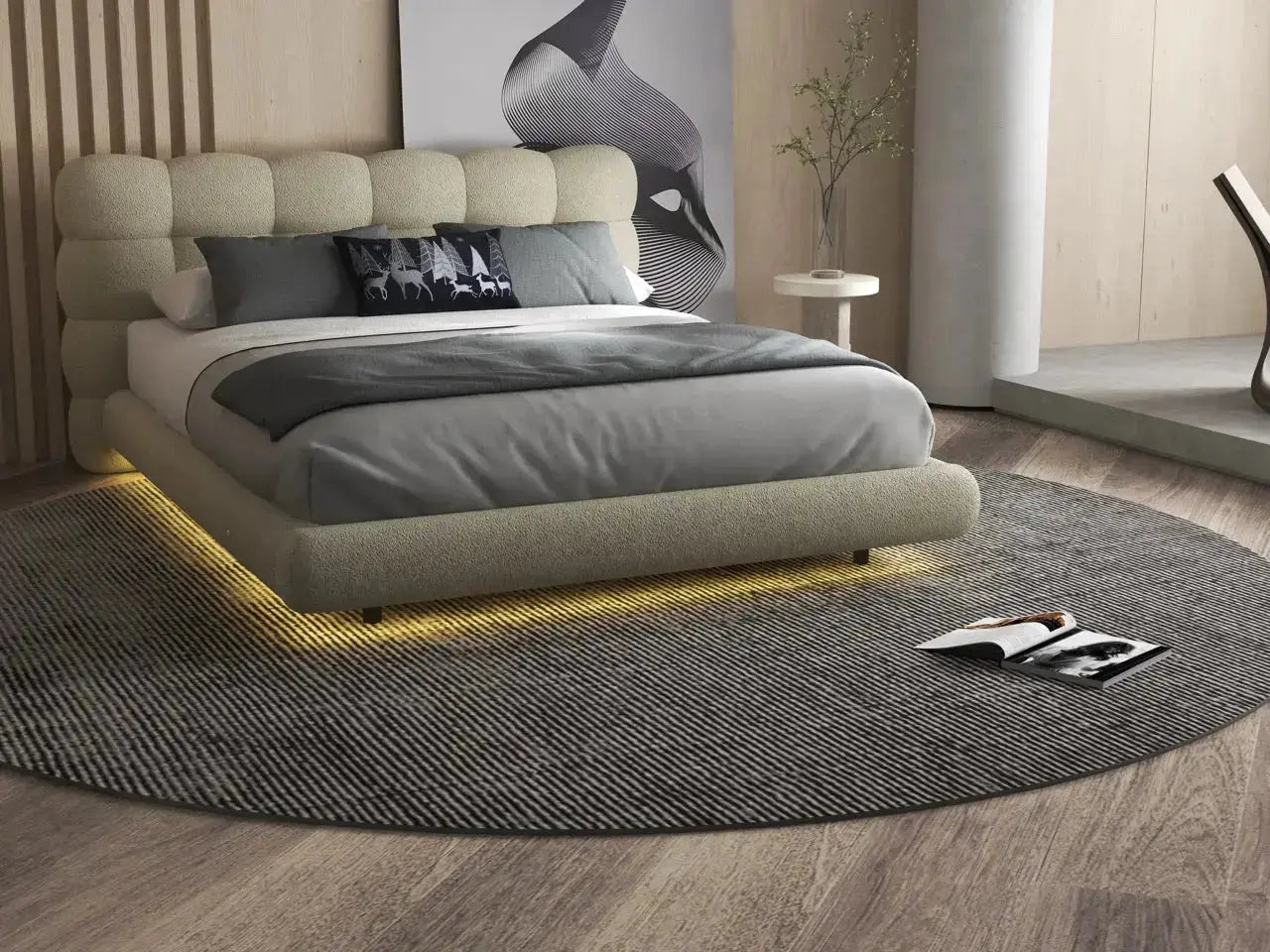 Pat dormitor dumonde, tapitat bej cu LED, "floating bed" Cloud 140x200 cm, somiera inclusa
