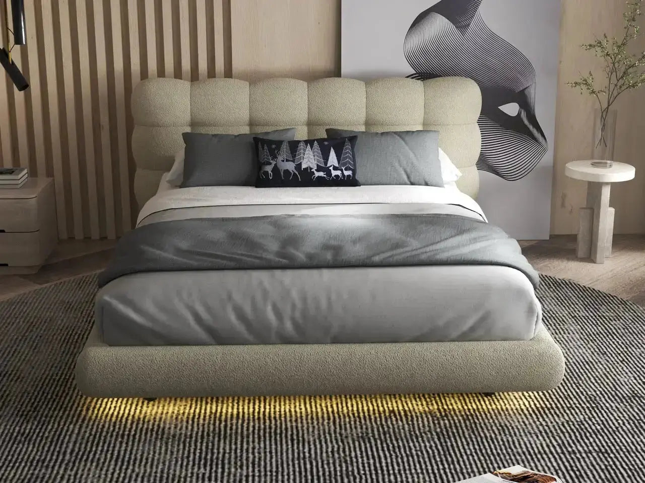 Pat dormitor dumonde, tapitat bej cu LED, "floating bed" Cloud 140x200 cm, somiera inclusa