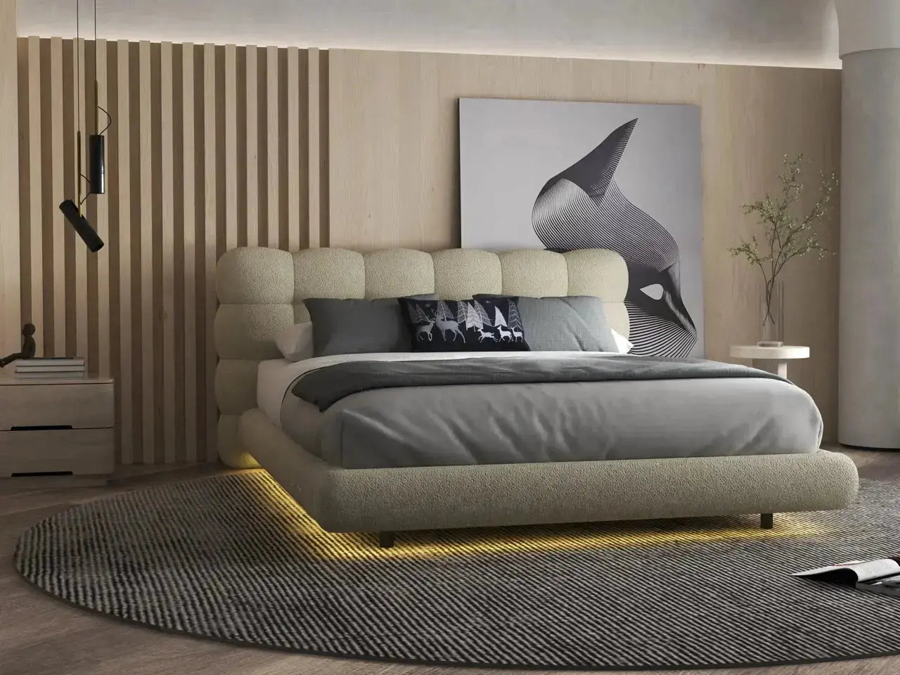 Pat dormitor dumonde, tapitat bej cu LED, "floating bed" Cloud 140x200 cm, somiera inclusa