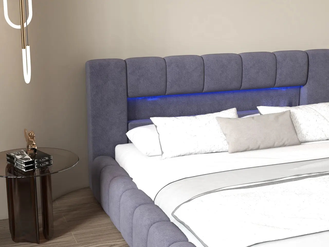 Pat dormitor dumonde, tapitat gri cu LED si USB, Palermo 180x200 cm, somiera rabatabila inclusa, spatiu depozitare