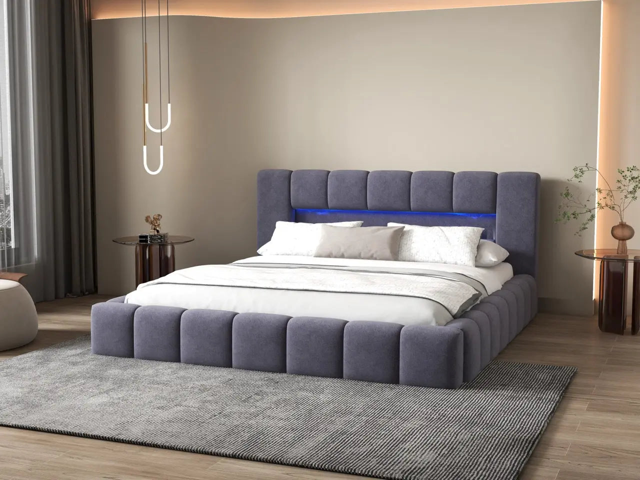 Pat dormitor dumonde, tapitat gri cu LED si USB, Palermo 180x200 cm, somiera rabatabila inclusa, spatiu depozitare