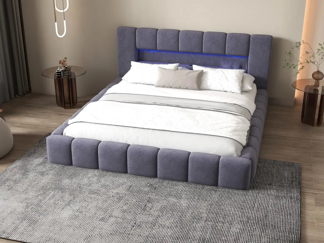 Pat dormitor dumonde, tapitat gri cu LED si USB, Palermo 180x200 cm, somiera rabatabila inclusa, spatiu depozitare