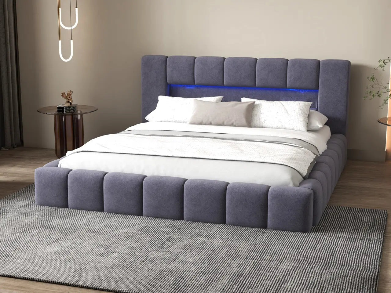 Pat dormitor dumonde, tapitat gri cu LED si USB, Palermo 180x200 cm, somiera rabatabila inclusa, spatiu depozitare